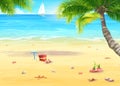 Illustration of the sea shore with palm trees, shells, bucket and rake Royalty Free Stock Photo