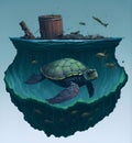 Illustration of a sea turtle swimming in an ocean polluted with floating garbage 1