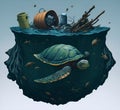 Illustration of a sea turtle swimming in an ocean polluted with floating garbage 2