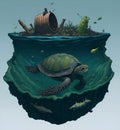 Illustration of a sea turtle swimming in an ocean polluted with floating garbage 4