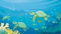 Illustration of sea turtles swimming in the calm blue waters of the ocean, surrounded by small fish and aquatic plants Royalty Free Stock Photo