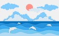 Illustration of sea view with dolphin and clouds. Paper cut and craft style. Summer background with paper waves and seacoast for b Royalty Free Stock Photo