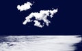 Illustration of sea water surface against dark blue sky and white clouds. Night dusk waters cape.