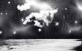 Illustration of sea water surface against dark starry sky, white clouds and Moon silhouette. Night black white waters cape. Royalty Free Stock Photo