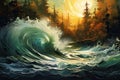 Illustration of a sea wave in the forest at sunset, vector illustration, digital abstract impressionism painting of tidal wave and