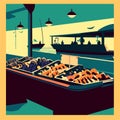 Illustration of a seafood stall in the city. Vector illustration. AI generated