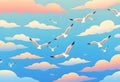 an illustration of seagulls flying in the sky with clouds Royalty Free Stock Photo