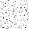 Seamless Easter pattern with eggs, bunny, flowers, birds, cakes, hearts, butterflies, and carrots on white background Royalty Free Stock Photo