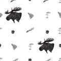 Seamless illustration in forest style Moose with mushrooms, flowers, leaves, wheat, branches, acorns on a white background