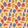 Illustration of a seamless groovy and trippy pattern. Deformed smiles in vintage style.