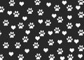 illustration seamless pattern abstraction white traces paws cat and love on black background.