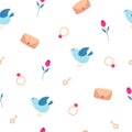 Illustration a seamless pattern with a blue bird, an envelope with a heart, ring, key, rose and hearts Royalty Free Stock Photo