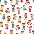 Seamless pattern with children holding the cleaning tools