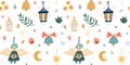 Illustration of a seamless pattern of Christmas items. Moon, stars, candle, bell, angel, branches, flashlight on a white Royalty Free Stock Photo