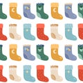 Illustration of a seamless pattern from Christmas socks. Santa socks with different designs.