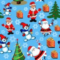 seamless pattern with christmas trees, gifts, snowflakes, dancing santa and snowman Royalty Free Stock Photo