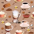 seamless pattern with coffee mugs and vanilla flowers