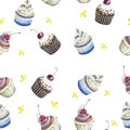 seamless pattern of cupcakes watercolor painting isolated on white background