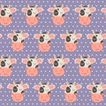 Seamless pattern with cute funny head cow, dots. Nursery print farm animal. Black, white, violet and pink.