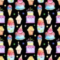 Illustration seamless pattern drawn by watercolor confectionery: cakes, muffins on the background.