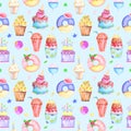 Illustration seamless pattern drawn by watercolor confectionery: cakes, muffins on the background.