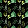 Illustration seamless pattern drawn by watercolor exotic tropical green leaves on background Royalty Free Stock Photo