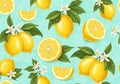 Illustration of seamless pattern of fresh lemons and blossoms on a teal background Royalty Free Stock Photo
