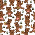 illustration, seamless pattern, funny teddy bears in different poses with honey and bees on a white background Royalty Free Stock Photo