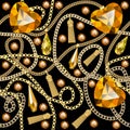 seamless pattern of gold chains with jewelry pendants and precious stones