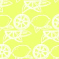 illustration, seamless pattern, hand drawn contour lemons with leaves on a yellow background, pastel shades Royalty Free Stock Photo