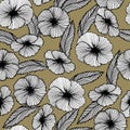 illustration, seamless pattern, hand-drawn flowers poppies, black contour on a beige background, elegant design