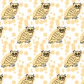 illustration, seamless pattern, hand drawn owl birds on a background of bubbles, gentle pastel shades, for linen, textiles