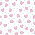 Illustration, a seamless pattern of hearts, balls, stars, a cute rabbit and a potted flower.