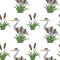 Seamless pattern heron bird watercolor reed flowers