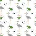 Seamless pattern heron bird watercolor insects frog dragonfly beetle flowers Royalty Free Stock Photo