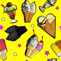 Illustration of Seamless pattern ice creame tasty. Hand drawn, doodle decorative sticks. Paper background for children