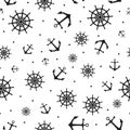 Seamless pattern with icons of steering wheel and anchor on a white background