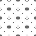 Seamless pattern with icons of steering wheel and anchor on a white background