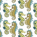 illustration, seamless pattern on the marine theme, hand-drawn contour multicolored seahorses on a white background