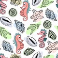 illustration, seamless pattern on the marine theme, hand-drawn seashells, starfish, seahorses on a white background Royalty Free Stock Photo