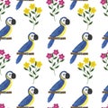 Seamless pattern parrot bird watercolor illustration tropics flowers