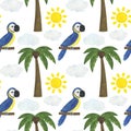 Seamless pattern Parrot bird watercolor illustration tropics palm trees sun clouds