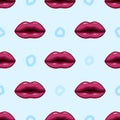 Seamless pattern purple lips on blue background