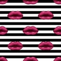 Seamless pattern purple lips on striped background