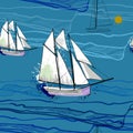 Illustration of seamless pattern with sailing-ship on water. Drawing boat on the blue sea with wave. Royalty Free Stock Photo