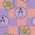Illustration of a seamless pattern in the style of the seventies. Groovy and trippy elements. Trembling emoticons with a