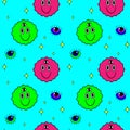 Illustration of a seamless pattern in the style of the seventies. Groovy and trippy elements. Trembling emoticons with a