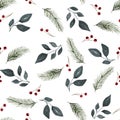 Seamless repeat pattern with watercolor branches, fir tree and berries, christrmas and winter holiday watercolor decoration Royalty Free Stock Photo