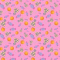 Illustration of a seamless repeating pattern of colorful lollipops and candy on pink background. Pattern with colorful Royalty Free Stock Photo