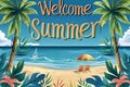 illustration of seashore without people, palm trees, sailboat and Welcome Summer lettering